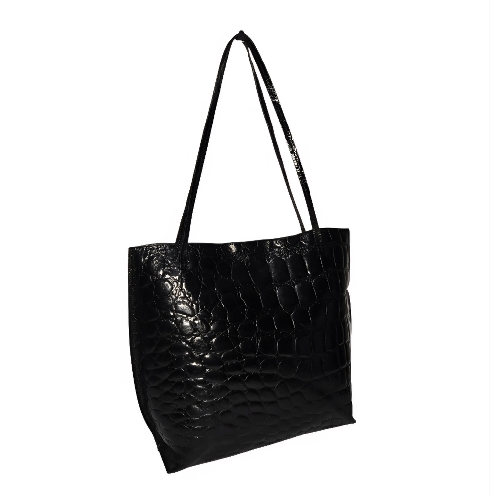 Furla Vintage Glossy Black Croc-Embossed Turn-lock Tote Bag-EUC - Picture 3 of 13